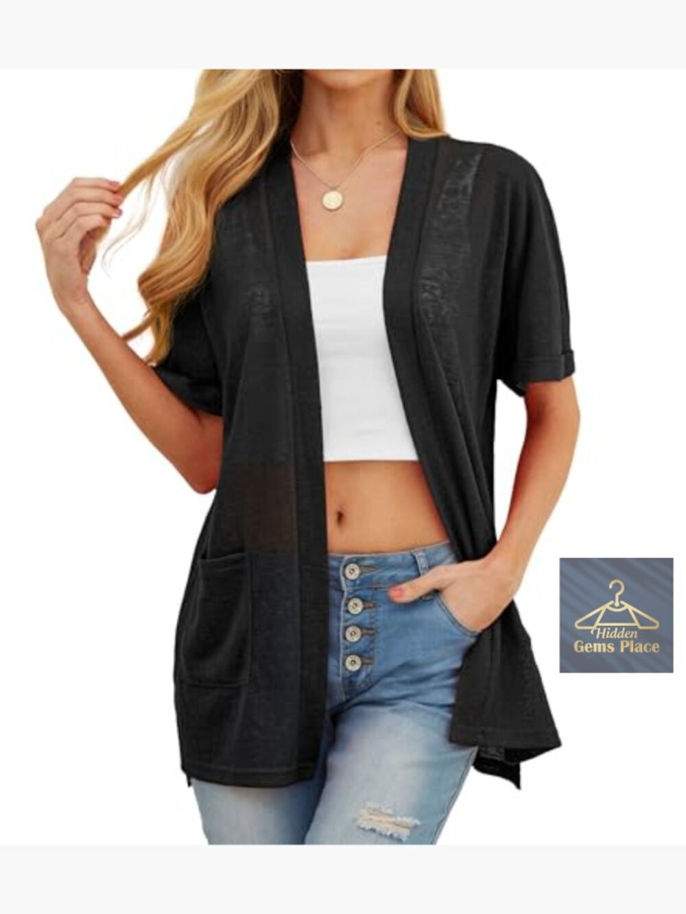 Lightweight Knit Cardigan with Pockets Short Sleeve Sheer Cover Up - Picture 4 of 7